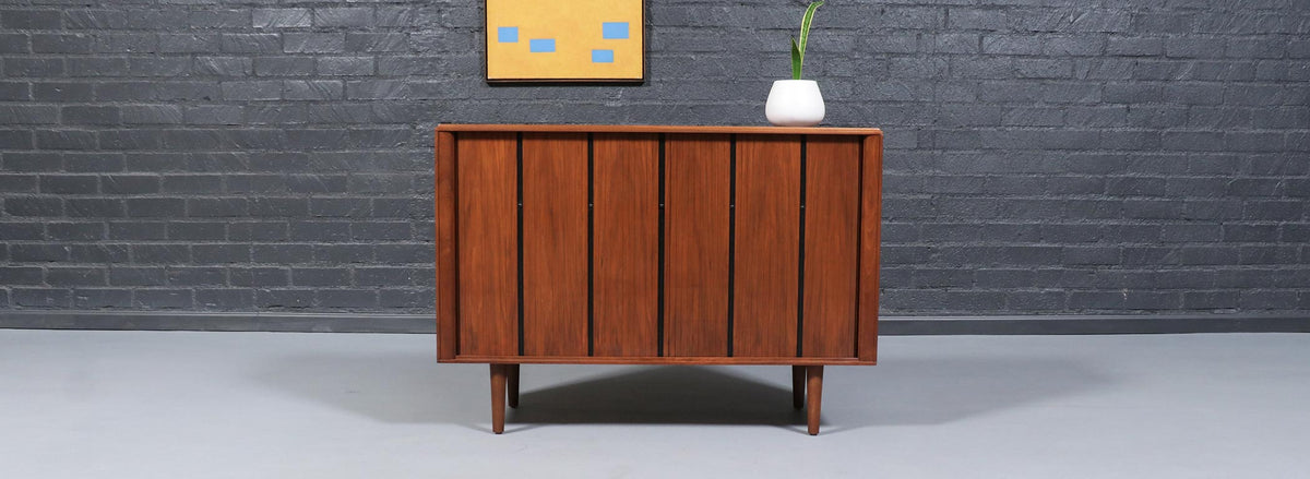 California Modernist Walnut Tambour-Door Credenza by Barzilay