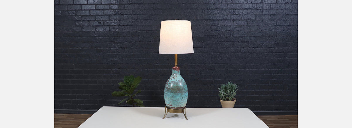 Mid-Century Glazed Ceramic w/ Brass Tripod Base Table Lamp by Marbro