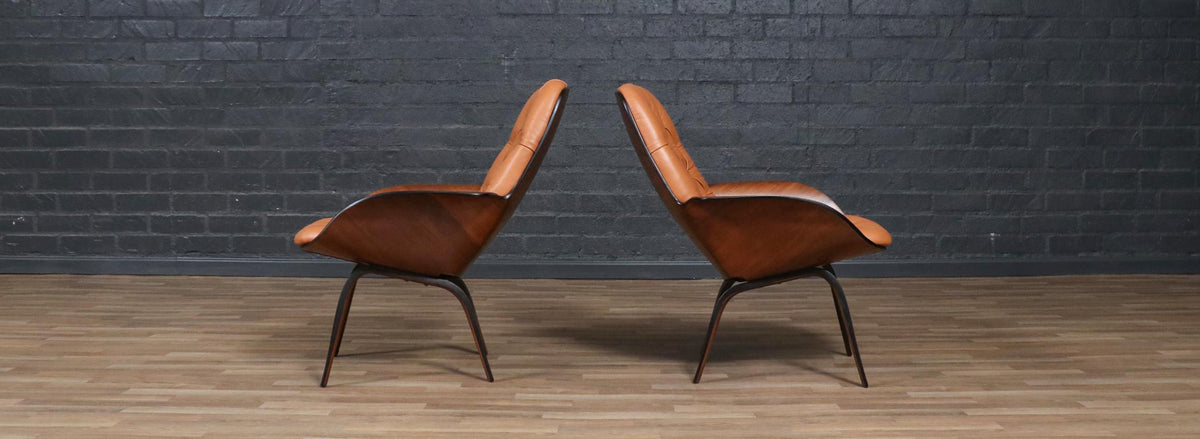 George Mulhauser Tufted Leather & Walnut Lounge Chairs for Plycraft