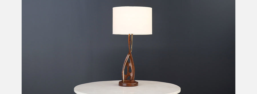 Mid-Century Modern Sculpted Wood & Brass Table Lamp by Lighthouse Co.