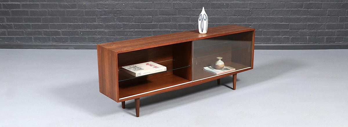 Mid Century Modern Low Walnut & Glass Bookcase Credenza