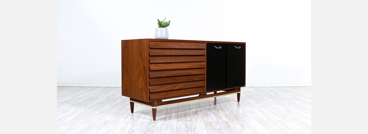 Merton Gershun Walnut Dresser with Lacquered Doors & Brass Accents