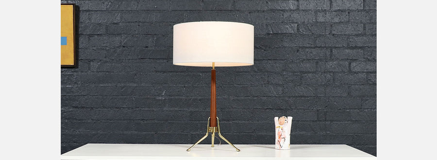 Gerald Thurston Sculpted Tripod Brass & Walnut Table Lamp for Lightolier 