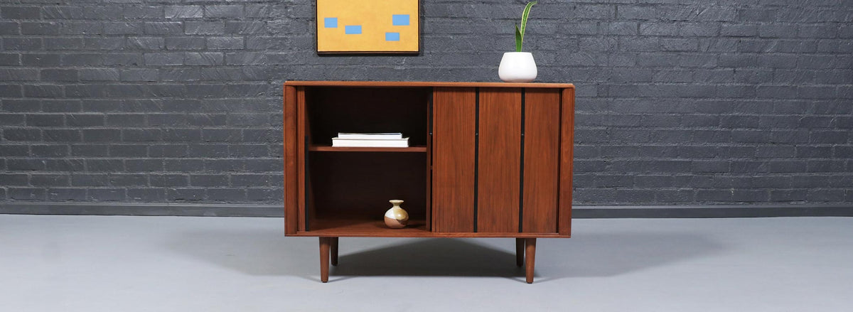 California Modernist Walnut Tambour-Door Credenza by Barzilay