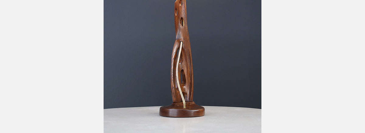 Mid-Century Modern Sculpted Wood & Brass Table Lamp by Lighthouse Co.