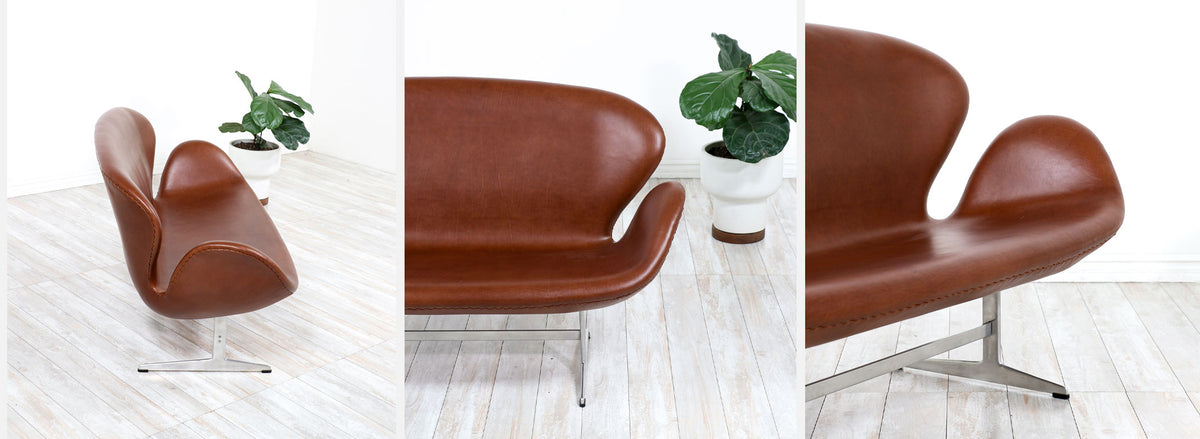 Vintage Cognac Leather Swan Sofa by Arne Jacobsen for Fritz Hansen 