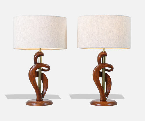 Mid-Century Modern Sculpted Wood & Brass Table Lamps by Light House Co.