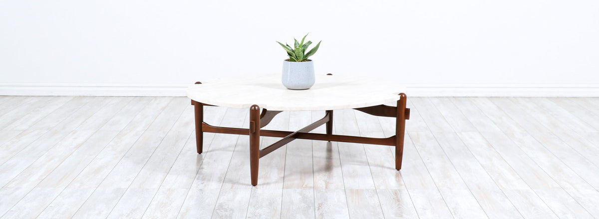 Merton L. Gershun Sculpted Walnut & Travertine Stone Coffee Table for American of Martinsville