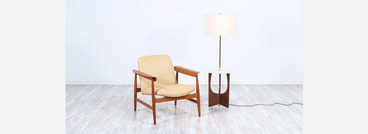 Mid-Century Modern Walnut Floor Lamp with Marble Side Table