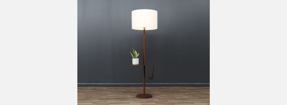 Laurel Sculpted Walnut Floor Lamp with Magazine Holder