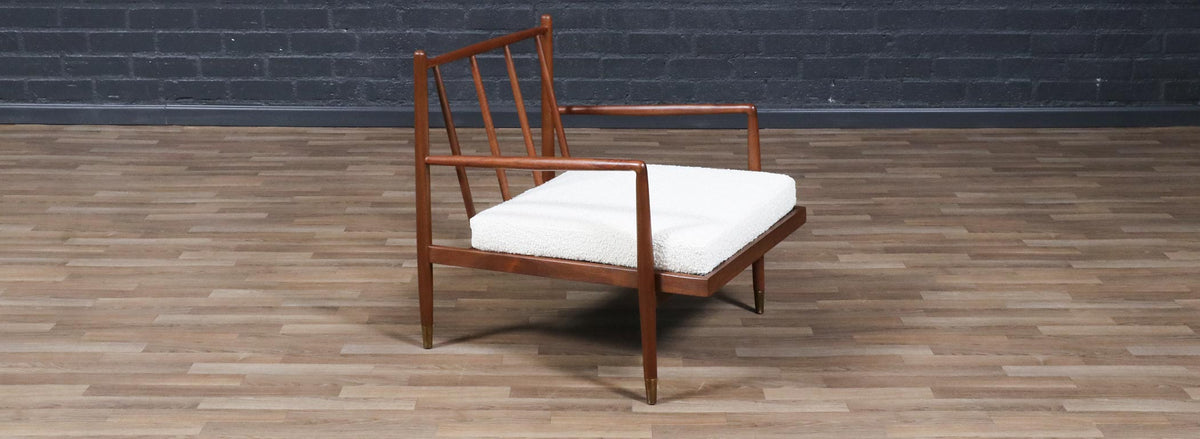 Mid-Century Modern Sculpted Walnut Lounge Chair w/ Brass Sabots