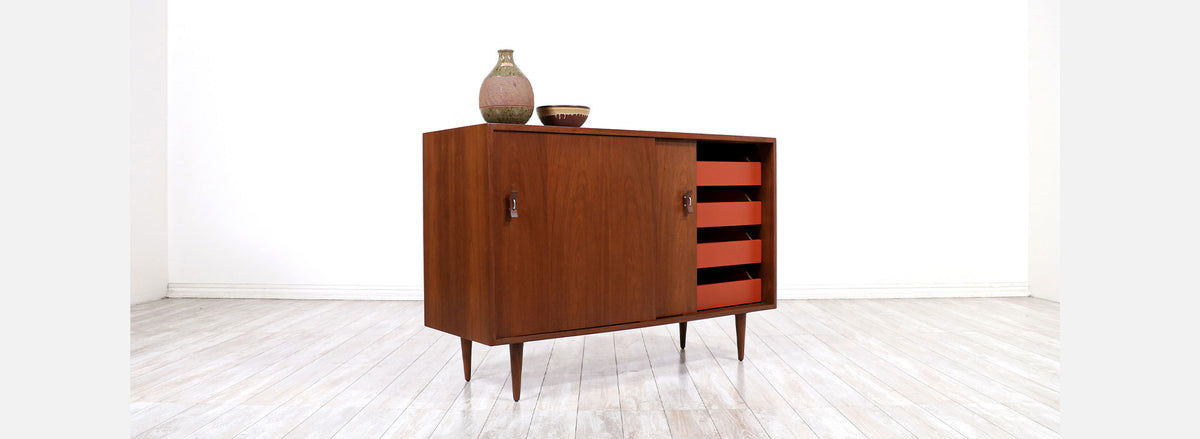 Stanley Young Walnut Credenza with Lacquered Drawers for Glenn of California