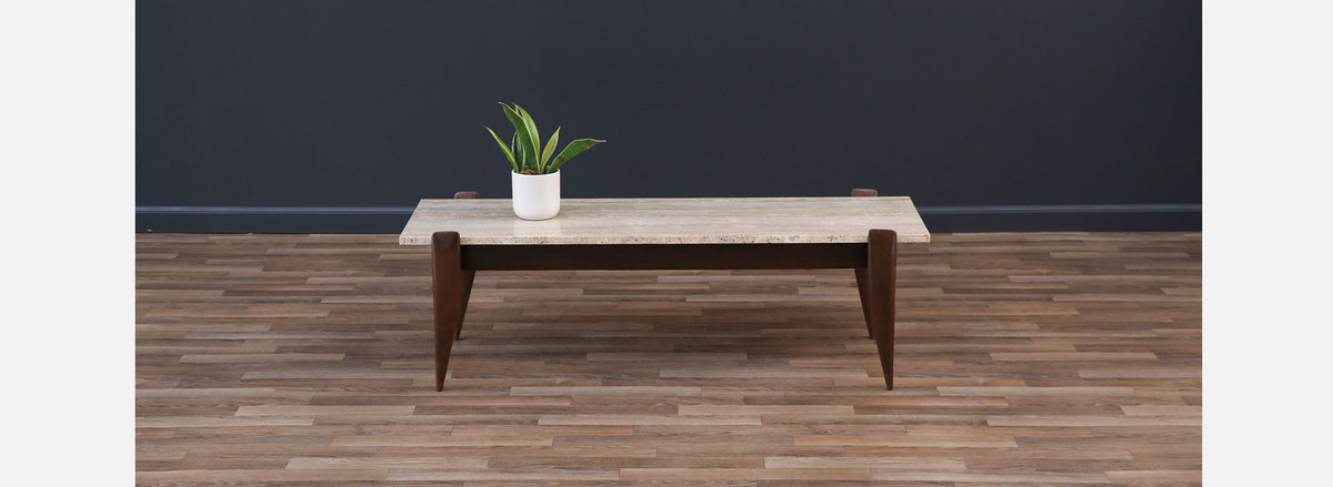 Gio Ponti Sculpted Walnut & Travertine Coffee Table for Singers & Sons