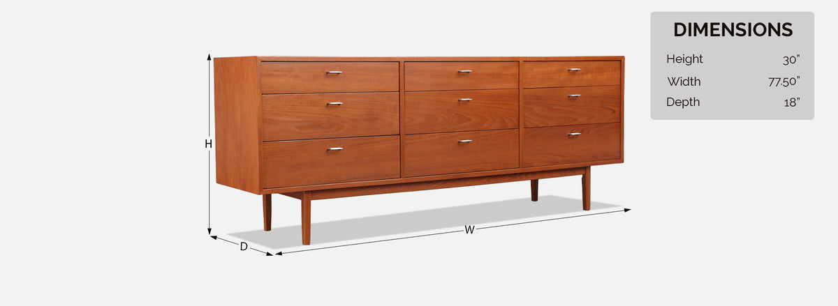 Danish Modern 9-Drawer Teak Dresser with Steel Pulls