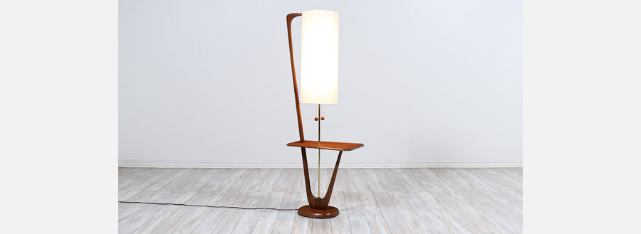 Mid-Century Modern Sculpted Walnut & Brass Floor Lamp with Accent Side Table