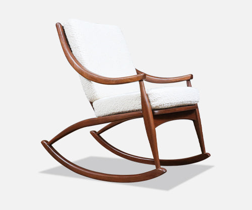 Mid-Century Modern Sculpted Walnut & Boucle Rocking Chair