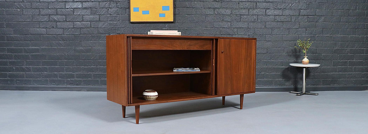 California Modernist Walnut Tambour-Door Credenza by Milo Baughman