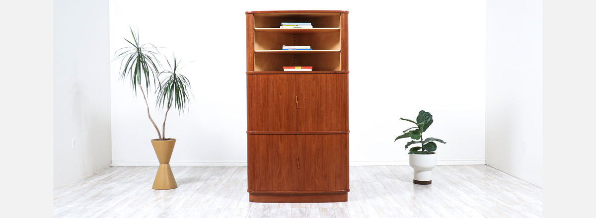 Danish Modern Tambour-Door Teak Corner Cabinet 
