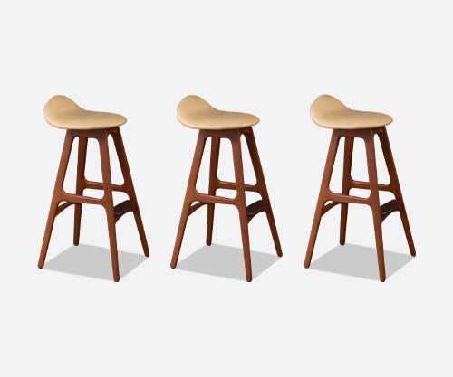 Danish Modern Teak & Tan Leather Bar Stools by Erik Buch 