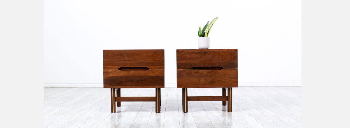 Mid-Century Modern Sculpted Walnut Night Stands with Brass Accent 