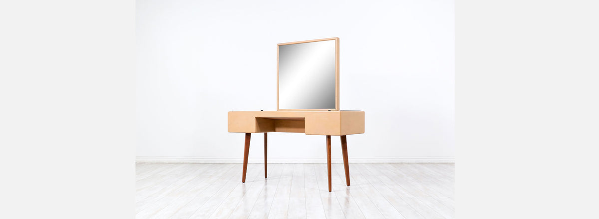 George Nelson Leather & Walnut Illuminated Vanity with Mirror & Ottoman for Herman Miller