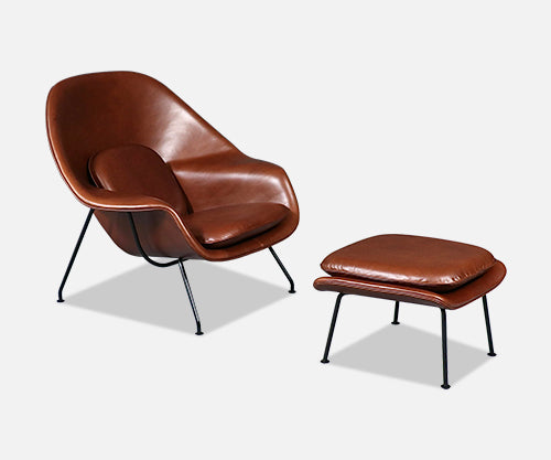 Vintage Eero Saarinen "Womb" Italian Cognac Leather Chair w/ Ottoman for Knoll