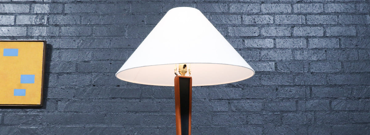 Danish Modern Sculpted Teak Floor Lamp w/ Linen Cone Shade
