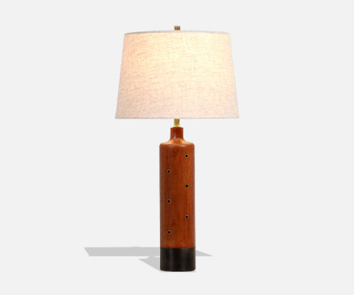 Danish Modern Teak & Leather Table Lamp with Brass Inlaid by H. Paaske