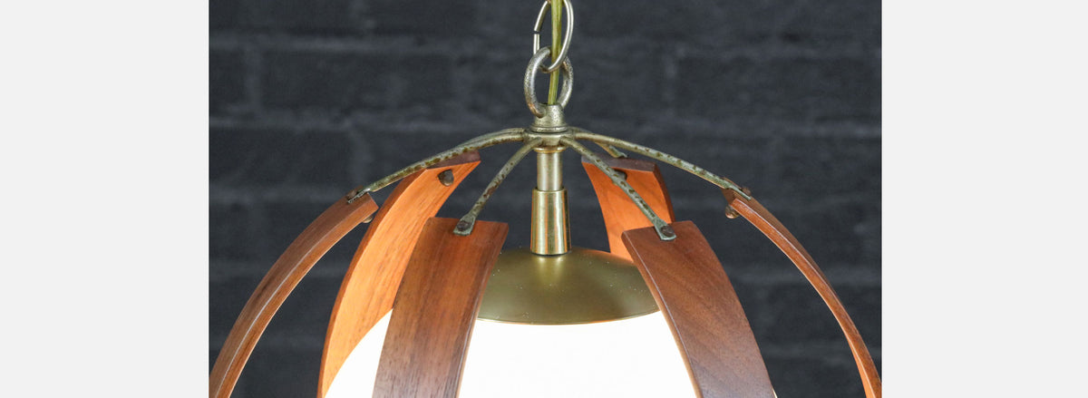 Mid-Century Modern Walnut & Brass Orb Pendant Chandelier 