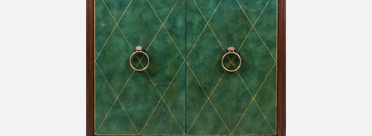 Tommi Parzinger Green Leather Front Cabinets With Brass Pulls for Charak Modern