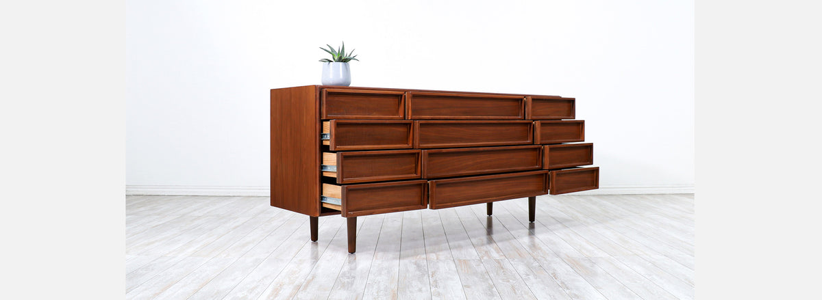 John Keal 12-Drawers Walnut Dresser for Brown Saltman