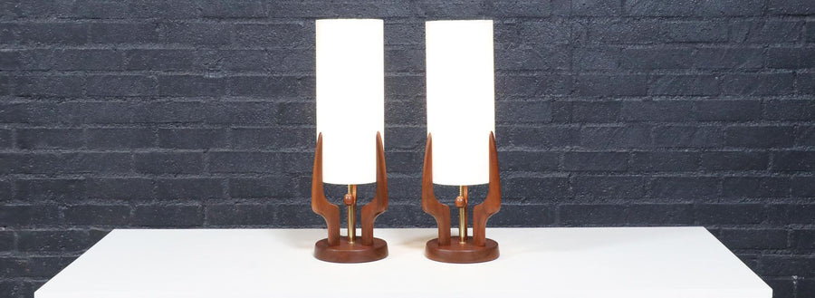 David Shreve Walnut Sculpted Table Lamps for V.H. Woolums