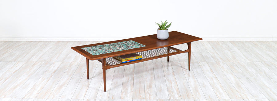 Danish Modern Coffee Table with Mosaic Top & Cane Shelf by Selig