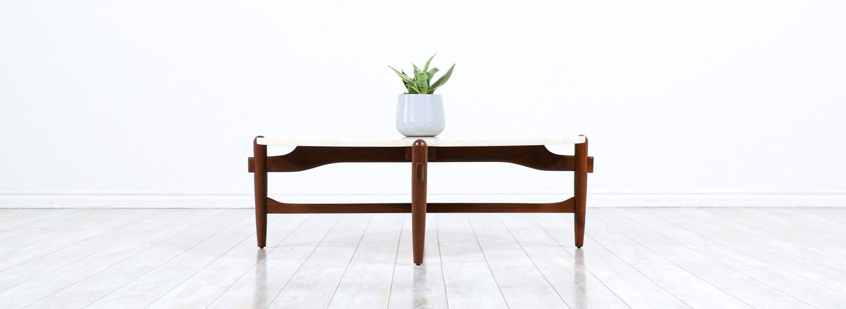 Merton L. Gershun Sculpted Walnut & Travertine Stone Coffee Table for American of Martinsville