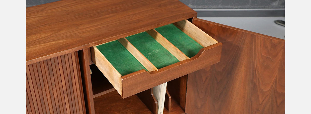 California Modernist Walnut Tambour-Door Credenza by Milo Baughman