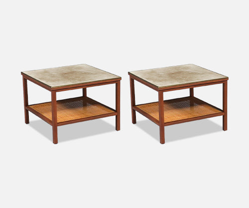 Paul McCobb Leather Top Side Tables w/ Cane Shelves for Calvin Furniture