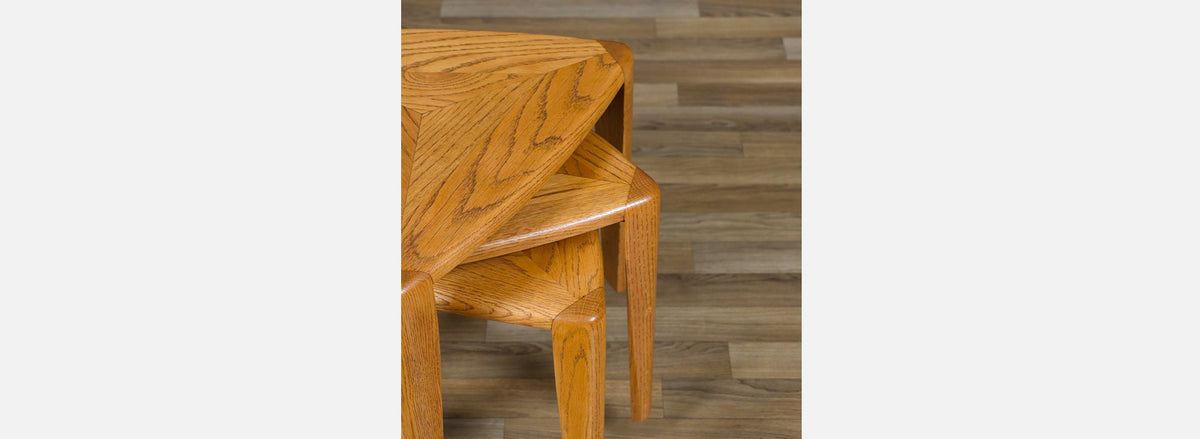 Mid-Century Modern Triangular Oak Tri-Leg Side Tables