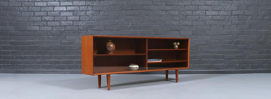 Danish Modern Low-Profile Teak Bookcase w/ Glass Doors