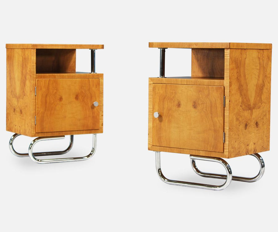 Bauhaus Style Chrome & Burlwood Night Stands
