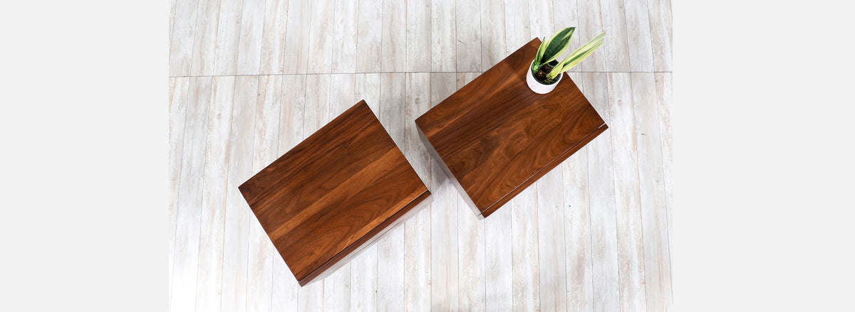 Mid-Century Modern Sculpted Walnut Night Stands with Brass Accent 