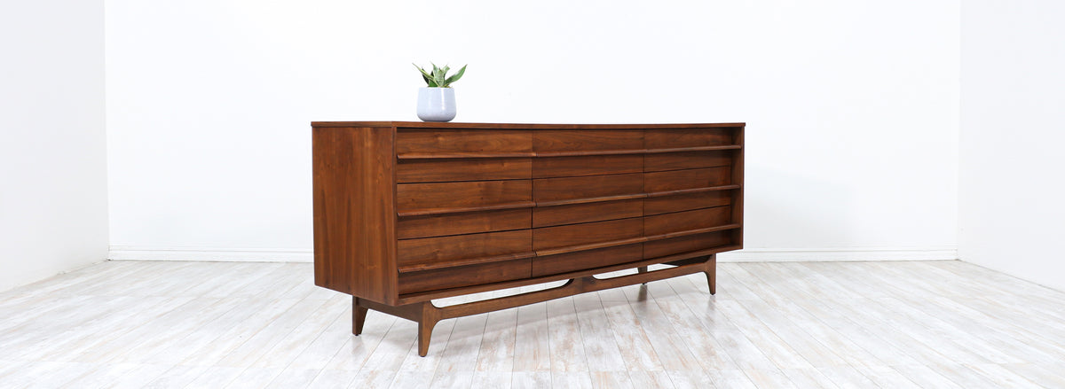 Mid-Century Modern Curved-Front Walnut Dresser by United Furniture