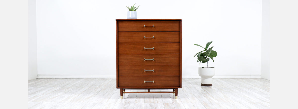 Milo Baughman Walnut Chest of Drawers with Brass Handles for Drexel