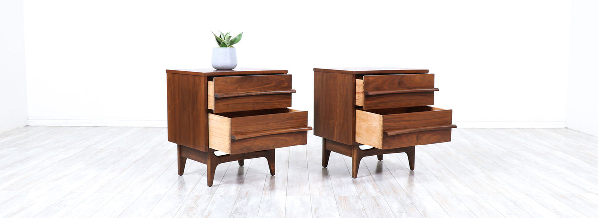 Mid-Century Modern Curved-Front Walnut Night Stands by United Furniture