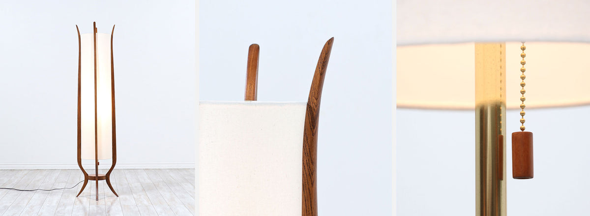 Mid-Century Modern Sculpted Walnut Floor Lamp with New Linen Shade