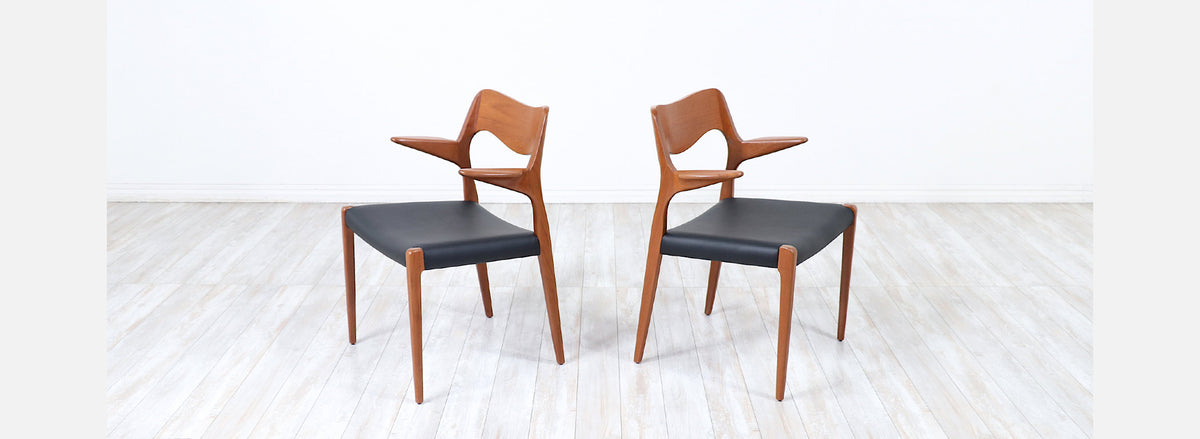 Niels Møller Model-71 Leather & Teak Arm Chairs for J.L. Møllers
