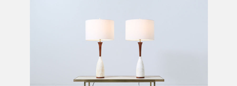 Mid-Century Italian Modern Walnut & Marble Table Lamps