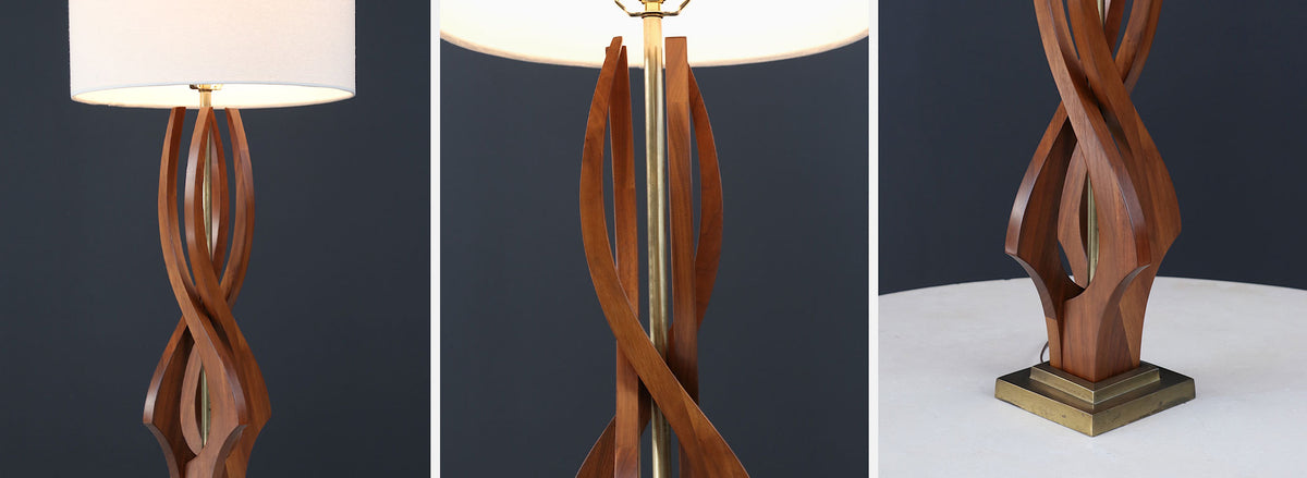 Mid-Century Modern Sculpted Spiral Walnut Table Lamp