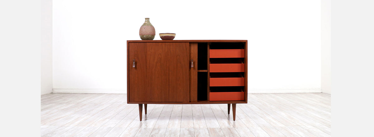 Stanley Young Walnut Credenza with Lacquered Drawers for Glenn of California