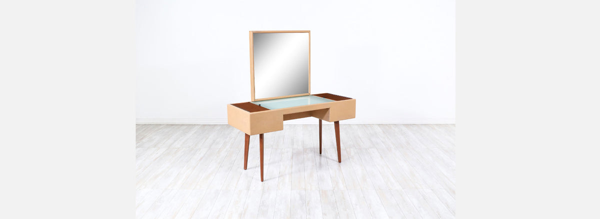 George Nelson Leather & Walnut Illuminated Vanity with Mirror & Ottoman for Herman Miller