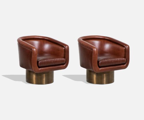 Leon Rosen Cognac Leather Swivel Chairs with Bronze Bases for Pace